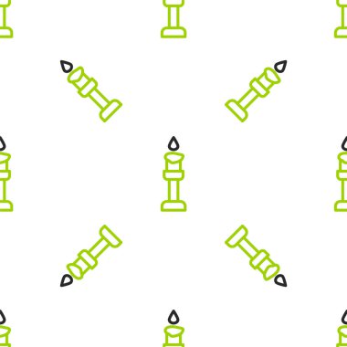 Çizgi Yanan mum simgesi beyaz arkaplanda izole edilmiş pürüzsüz desen. Silindirik aromatik mum çubuğu ve yanan ateş. Mutlu Cadılar Bayramı Partisi. Vektör.