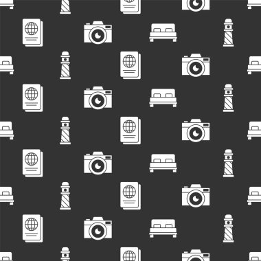 Büyük yatağı, deniz fenerini, pasaportu ve fotoğraf makinesini kusursuz bir şekilde ayarla. Vektör.