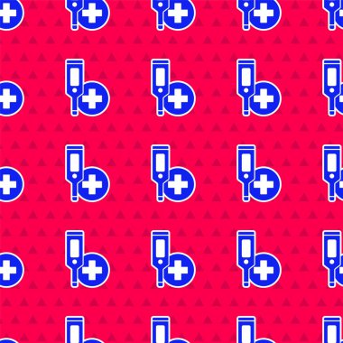 Tıbbi inceleme ikonu için mavi medikal termometre kırmızı arkaplanda izole edilmiş pürüzsüz desen. Vektör.