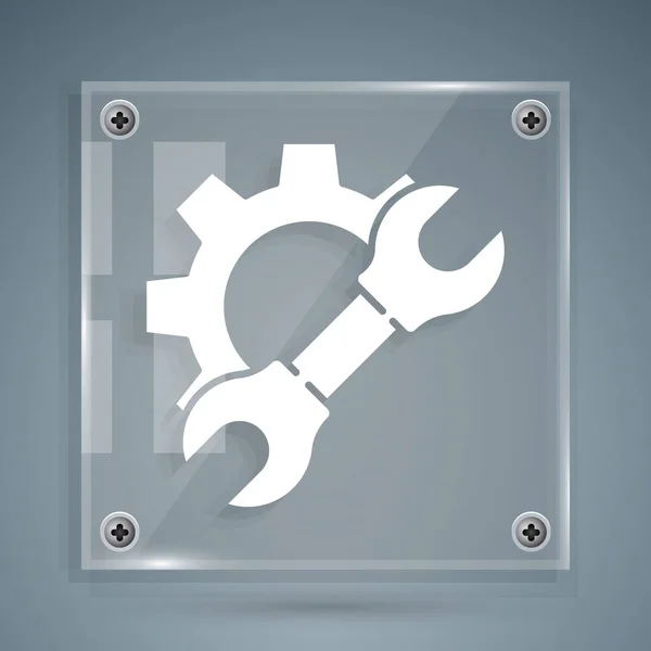 Weißer Schraubenschlüssel Und Getriebesymbol Isoliert Auf Grauem Hintergrund Anpassung Service — Stockvektor