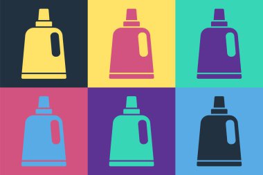 Çamaşır deterjanı, çamaşır suyu, bulaşık deterjanı ya da renkli arka planda izole edilmiş başka bir temizlik malzemesi ikonu için pop sanat şişesi. Vektör.