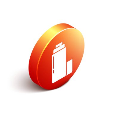 Beyaz arkaplanda izole edilmiş Isome termos kabı simgesi. Termo matara ikonu. Kamp ve yürüyüş ekipmanları. Turuncu daire düğmesi. Vektör.