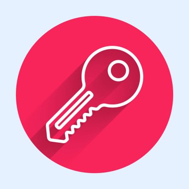 Beyaz çizgi anahtar simgesi uzun gölgeyle izole edildi. Kırmızı daire düğmesi. Vektör İllüstrasyonu.