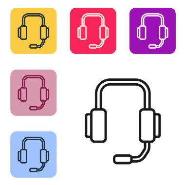 Siyah Hat Çevrimiçi Psikolojik Danışmanlık Mesafesi simgesi beyaz arkaplanda izole edildi. Psikoterapi, psikolojik yardım, online psikiyatrist danışmanlığı. Renkli kare düğmelerle simgeleri ayarla. Vektör.