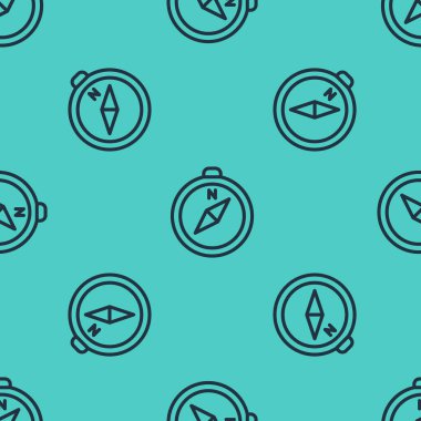 Siyah çizgi pusula simgesi yeşil arkaplanda pürüzsüz desen izole etti. Rüzgâr yön bulma sembolü. Rüzgar gül işareti. Vektör.