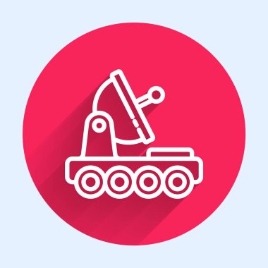 Beyaz çizgi Mars gezgini ikonu uzun gölgeli izole edilmiş. Uzay aracı. Ay yürüyüşü işareti. Gezegen yüzeyini incelemek için bir cihaz. Kırmızı daire düğmesi. Vektör.