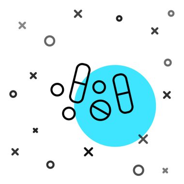 Siyah çizgi ilaç hapı ya da beyaz arkaplanda izole edilmiş tablet ikonu. Kapsül hapı ve uyuşturucu işareti. Eczane tasarımı. Rastgele dinamik şekiller. Vektör.