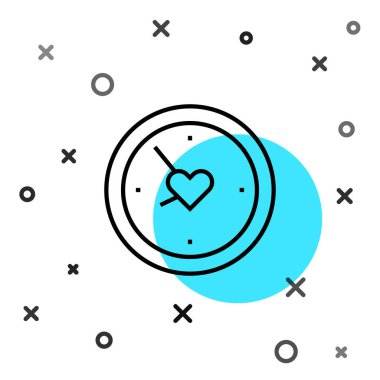 Beyaz arkaplanda kalp ikonu olan siyah çizgili saat. Sevgililer Günü. Aşk sembolü. Rastgele dinamik şekiller. Vektör.