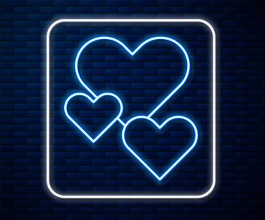 Parlayan neon hattı kalp ikonu tuğla duvar arka planında izole edildi. Romantik sembol, bağlanma, tutku ve düğün. Sevgililer Günü sembolü. Vektör.