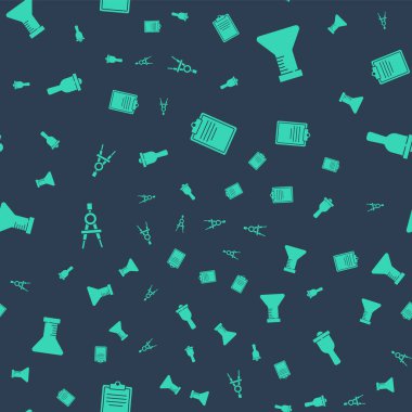 Panoyu kontrol listesi, test tüpü ve matarası, pusula ve zil çizimini pürüzsüz desen ile ayarla. Vektör.