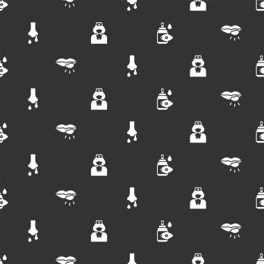 Göz damlası şişesi, uçuk dudağı, akışkan burun ve hemşire. Vektör.