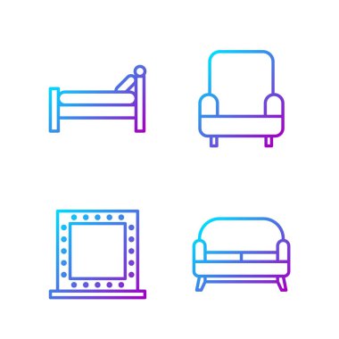 Koltuk hizası, ışıklandırmalı makyaj aynası, yatak ve Kol sandalyesi. Renk simgeleri. Vektör.