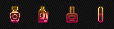 Tırnak cilası şişesi, parfüm, krem ya da losyon kozmetik tüp ve dosya. Parlayan neon ikonu. Vektör.