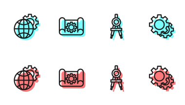 Çizgi çizme pusulayı, Dünya Küresi 'ni ve teçhizatı, grafik kağıdı ve dişli simgesini ayarla. Vektör.