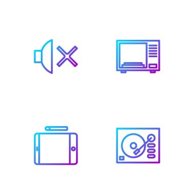 Vinil çalar, grafiksel tablet, hoparlör ve mikrodalga fırını ayarla. Renk simgeleri. Vektör.