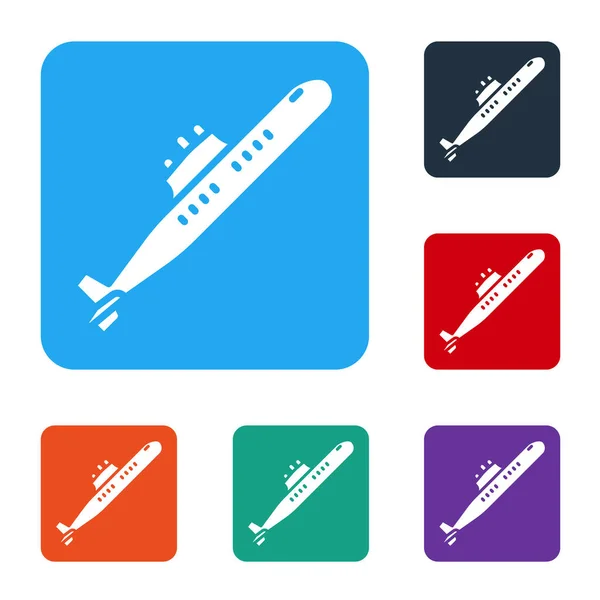 Witte Onderzeeër Pictogram Geïsoleerd Witte Achtergrond Militair Schip Stel Pictogrammen — Stockvector