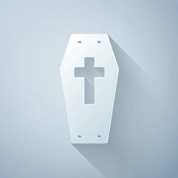 Corte Papel Coffin Con Icono Cruz Cristiana Aislado Sobre Fondo — Vector de stock