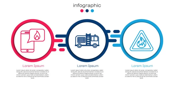 Set Line Telefon Mit Notruf 911 Feuerwehrauto Und Flamme Dreieck — Stockvektor