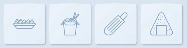 将玉米片 法国热狗 亚洲面 筷子和奥尼吉里排成一行 白色正方形按钮 — 图库矢量图片