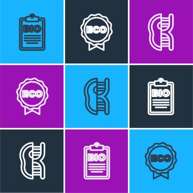 Biyolojik sağlıklı yiyecekler, genetiği değiştirilmiş et ve etiket ikonu için çizgi belgesi hazırla. Vektör.