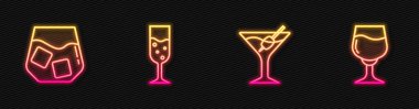 Martini bardağı, bir bardak viski, şampanya ve şarap. Parlayan neon ikonu. Vektör.