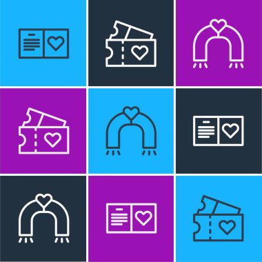 Sevgililer Günü partisi ilanı, aşk mıknatısı ve bilet ikonu. Vektör.