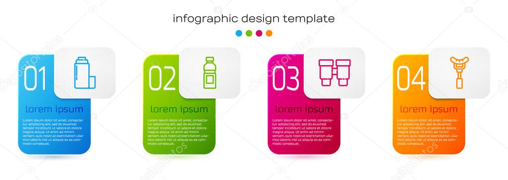 Set line Thermos container, Bottle of water, Binoculars and Sausage the fork. Business infographic template. Vector.