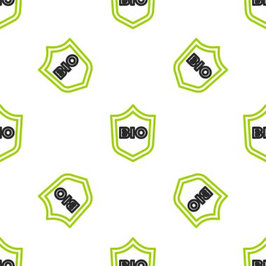 Biyolojik yeşil sağlıklı yiyecek ikonu için çizgi kalkanı beyaz arka planda izole edilmiş pürüzsüz desen. Organik ürün. Sağlıklı yemek etiketi. Vektör.