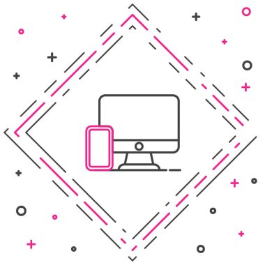 Hat Bilgisayar monitörü ve cep telefonu simgesi beyaz arkaplanda izole edildi. İnternetten kazanç, pazarlama. Renkli taslak konsepti. Vektör.