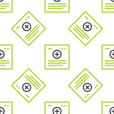 Klinik kayıt simgesine sahip Line Medikal panosu beyaz arka planda izole edilmiş kusursuz desen. Sağlık sigortası formu. Reçete, tıbbi kontrol işaretleri raporu. Vektör.