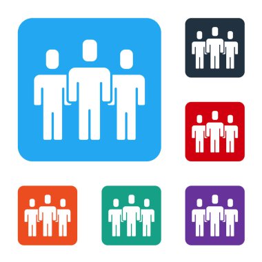 Beyaz Kullanıcılar grubu simgesi beyaz arkaplanda izole edildi. Bir grup insan ikonu. İş simgesi - kullanıcı profili simgesi. Renkli kare düğmelerle simgeleri ayarla. Vektör.