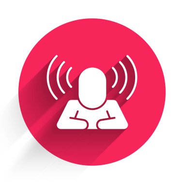 Beyaz Kafa av ikonu uzun gölgeli izole edilmiş. İş hedefi ya da İstihdam tabelası. İş için insan kaynakları ve adam toplama. Kırmızı daire düğmesi. Vektör.