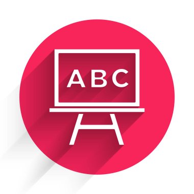 Beyaz Halka tahta simgesi uzun gölgeli izole edilmiş. Okul karatahtası. Kırmızı daire düğmesi. Vektör.