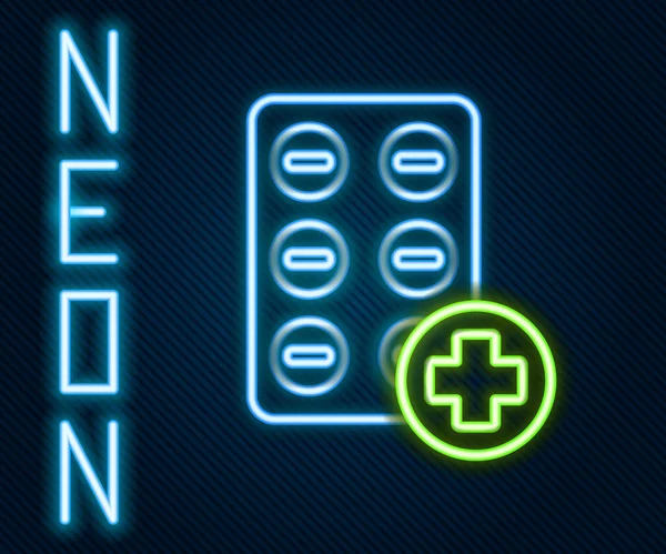 Glödande Neon Line Piller Blisterförpackning Ikon Isolerad Svart Bakgrund Medicinsk — Stock vektor