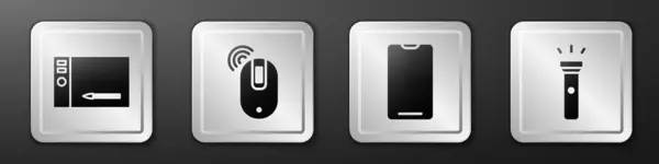 Set Grafik Tablet Drahtlose Computermaus Smartphone Mobiltelefon Und Taschenlampen Symbol — Stockvektor