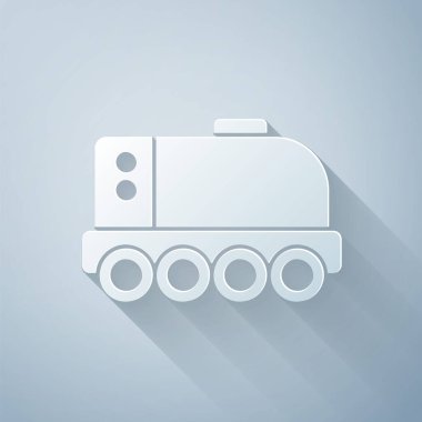 Kağıt kesiği Mars gezgini simgesi gri arka planda izole edilmiş. Uzay aracı. Ay yürüyüşü işareti. Gezegen yüzeyini incelemek için bir cihaz. Kağıt sanatı tarzı. Vektör.