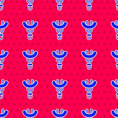 Çatal simgesindeki mavi sosis kırmızı arkaplanda izole edilmiş. Izgara sosis ve aroma işareti. Vektör.