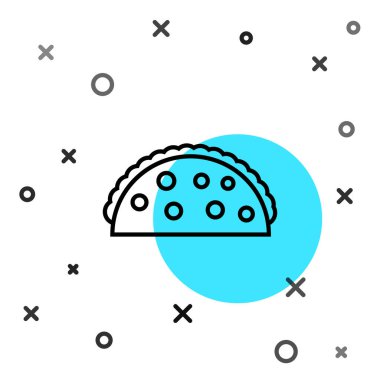 Beyaz zemin üzerinde tortilla simgesi olan siyah çizgi Taco. Geleneksel Meksika fast food menüsü. Rastgele dinamik şekiller. Vektör İllüstrasyonu.