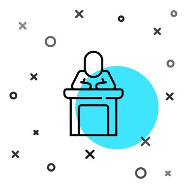 Siyah çizgi sözcüsü simgesi beyaz arkaplanda izole edildi. Ben Tribün 'den hatip. Halka açık konuşma. Kürsüde biri var. Rastgele dinamik şekiller. Vektör.