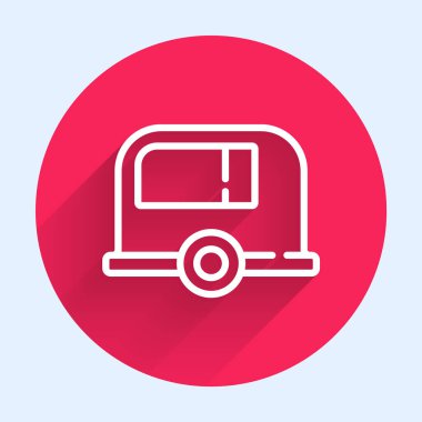 Beyaz çizgi karavan kampı ikonu uzun gölgeli izole edilmiş. Gezici ev, karavan, yolculuk için ev karavanı. Kırmızı daire düğmesi. Vektör.