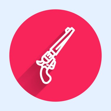 Uzun gölgeli beyaz çizgi Revolver silah ikonu. Kırmızı daire düğmesi. Vektör.