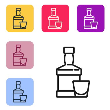 Siyah çizgili viski şişesi ve beyaz arka planda izole edilmiş cam ikon. Renkli kare düğmelerle simgeleri ayarla. Vektör.