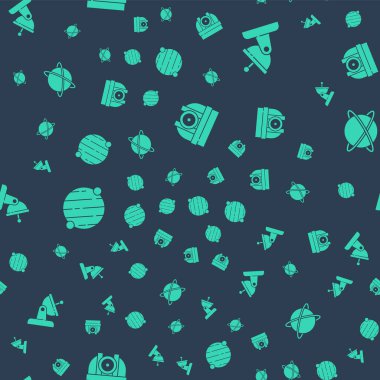 Astronomik gözlemevi, uydu çanağı, Gezegen ve Uydular 'ı gezegenin yörüngesinde kusursuz bir şekilde döndür. Vektör.