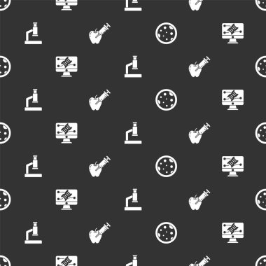 Petri kabını bakteri, genetik mühendislik modifikasyonu, mikroskop ve genetik olarak modifiye edilmiş elmayla kusursuz desene ayarlayın. Vektör.