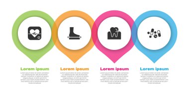 Kalp atış hızı, düz ayak, dişler, ilaç hapı ya da tablet. Ticari bilgi şablonu. Vektör.