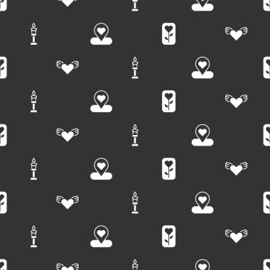 Çiçek gülü, kanatlı kalp, yanan mum ve kusursuz desenli konum kalbi. Vektör.