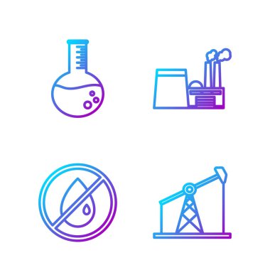 Yağ pompası ya da pompa ayarlayın, yağ damlası yok, petrol tüpü ve petrol sanayi fabrikası binası. Renk simgeleri. Vektör.