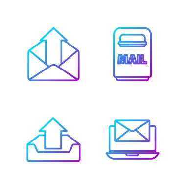Dizüstü bilgisayarı zarf ile ayarla, gelen kutusunu yükle, giden posta ve posta kutusunu ayarla. Renk simgeleri. Vektör.