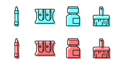 Çizgi boyası, guaj, kavanoz, boya, çizim için mum boya kalemleri, kalem açacağı ve boya fırçası ikonu. Vektör.