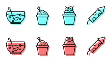 Çizgi pasta, kasede karışık punç, kek ve havai fişek ikonu. Vektör.